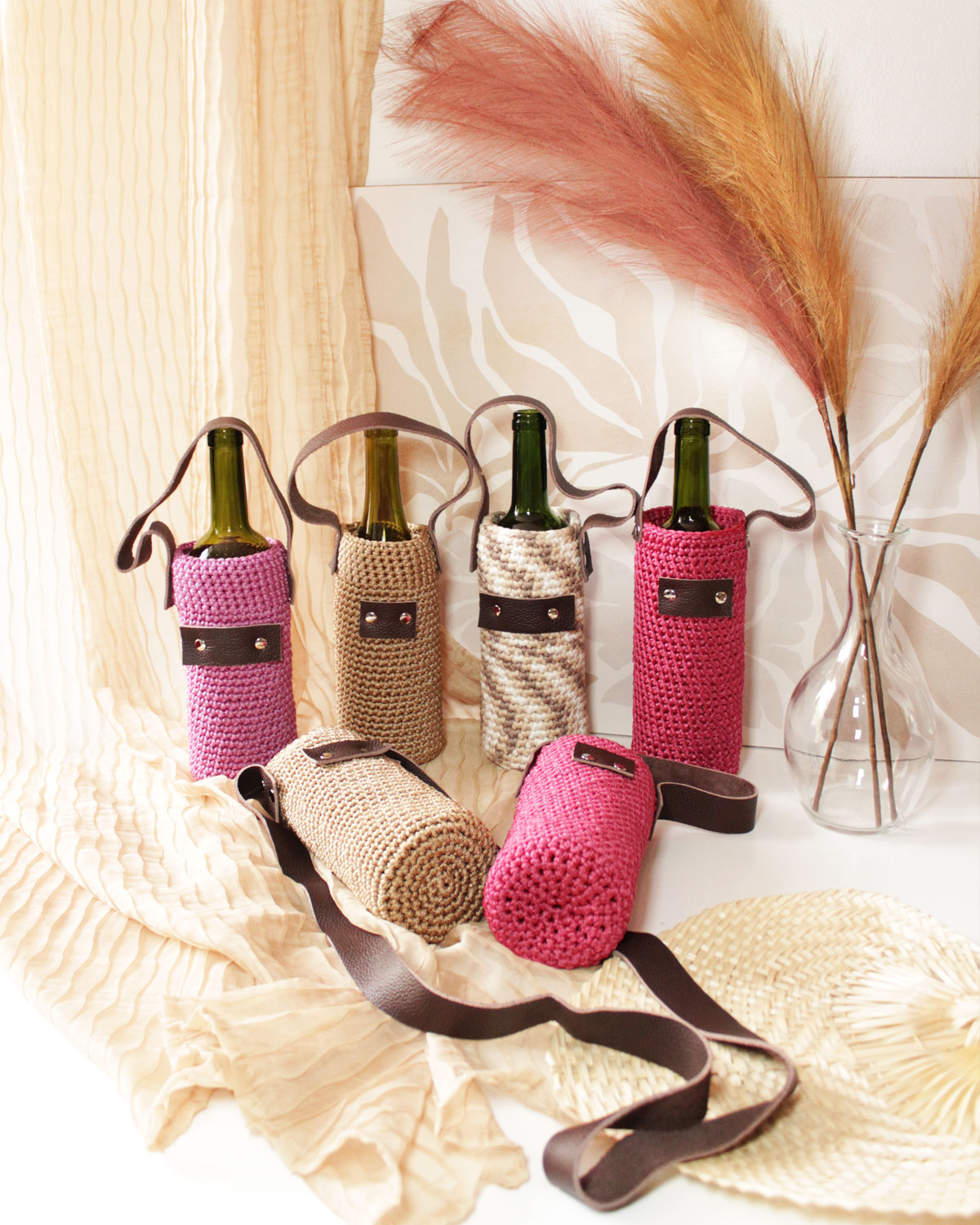 Lot de 6 porte-bouteilles en tricot avec dragonne en cuir